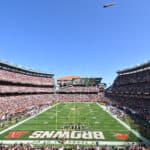 A blimp flies over prior to a game between Cleveland Browns and New England Patriots at FirstEnergy Stadium on October 16, 2022 in Cleveland, Ohio.