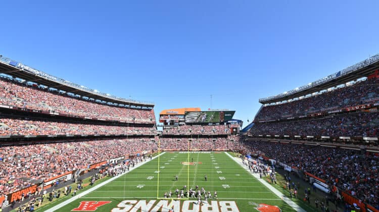 A blimp flies over prior to a game between Cleveland Browns and New England Patriots at FirstEnergy Stadium on October 16, 2022 in Cleveland, Ohio.