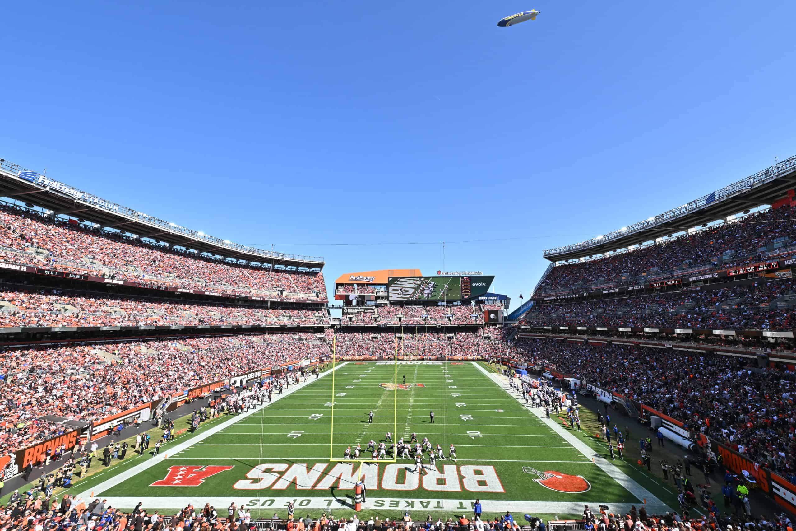 A blimp flies over prior to a game between Cleveland Browns and New England Patriots at FirstEnergy Stadium on October 16, 2022 in Cleveland, Ohio.