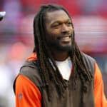 Jadeveon Clowney #90 of the Cleveland Browns looks on during warmups before the game against the Atlanta Falcons at Mercedes-Benz Stadium on October 02, 2022 in Atlanta, Georgia.