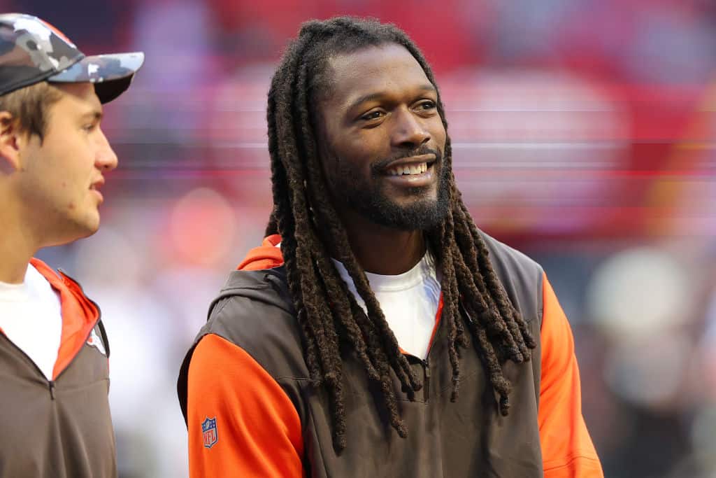 Jadeveon Clowney #90 of the Cleveland Browns looks on during warmups before the game against the Atlanta Falcons at Mercedes-Benz Stadium on October 02, 2022 in Atlanta, Georgia.