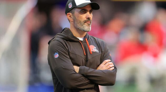 Head coach Kevin Stefanski of the Cleveland Browns looks on during warmups before the game against the Atlanta Falcons at Mercedes-Benz Stadium on October 02, 2022 in Atlanta, Georgia.