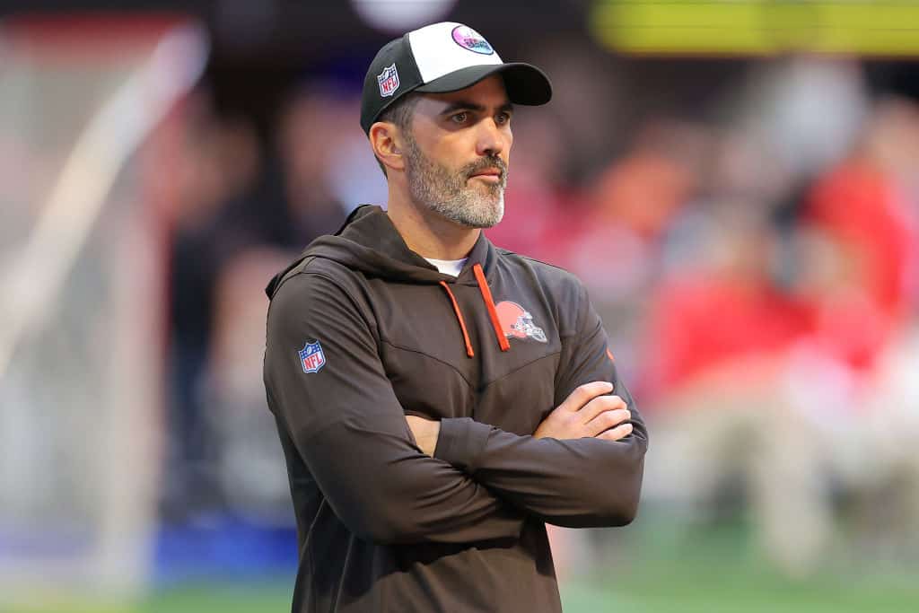 Head coach Kevin Stefanski of the Cleveland Browns looks on during warmups before the game against the Atlanta Falcons at Mercedes-Benz Stadium on October 02, 2022 in Atlanta, Georgia.