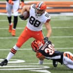 Harrison Bryant #88 of the Cleveland Browns is tackled by Jessie Bates III #30 of the Cincinnati Bengals during the second half at Paul Brown Stadium on October 25, 2020 in Cincinnati, Ohio.