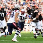 Jacoby Brissett #7 of the Cleveland Browns attempts a pass during a two point conversion attempt during the fourth quarter against the New England Patriots at FirstEnergy Stadium on October 16, 2022 in Cleveland, Ohio.