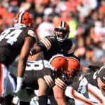 Jacoby Brissett #7 of the Cleveland Browns directs the offense against the New England Patriots during the second quarter at FirstEnergy Stadium on October 16, 2022 in Cleveland, Ohio.