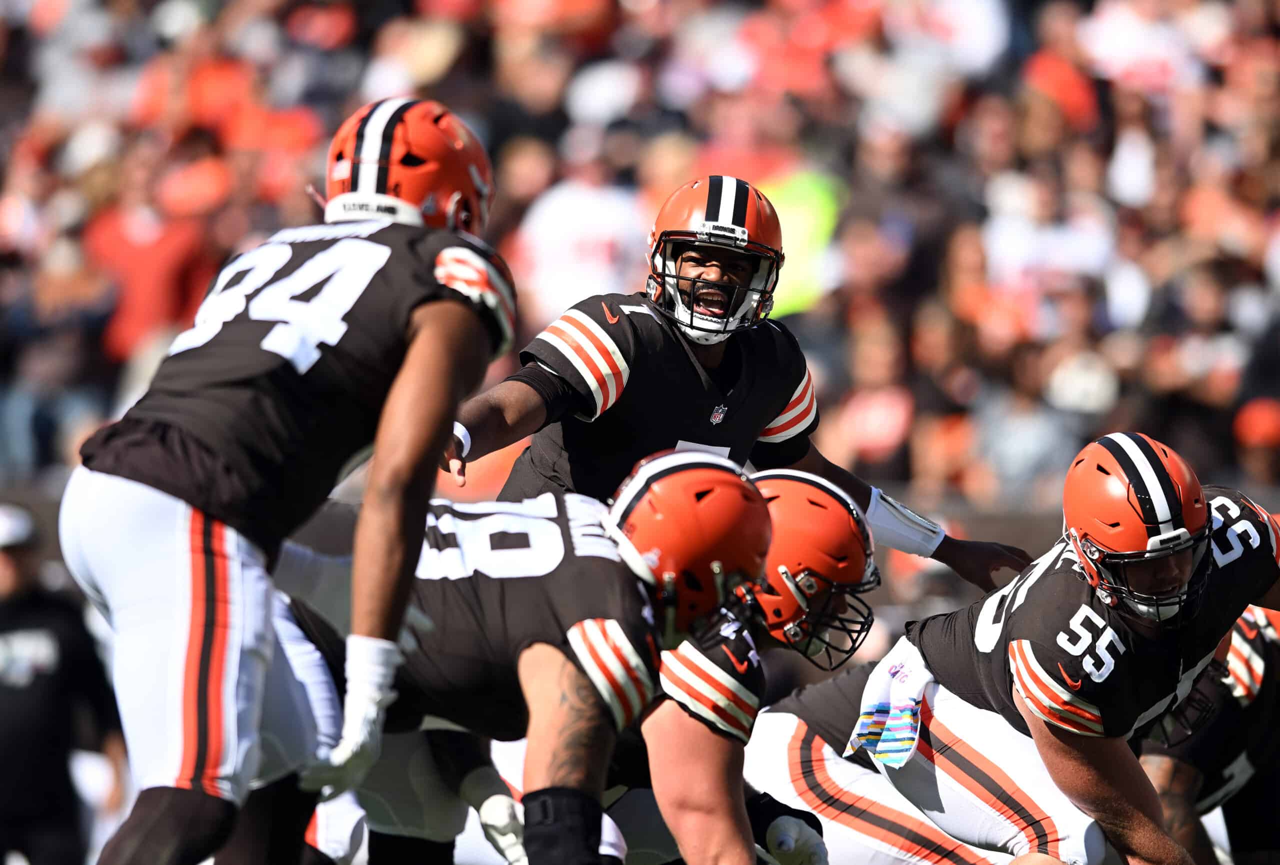 Jacoby Brissett #7 of the Cleveland Browns directs the offense against the New England Patriots during the second quarter at FirstEnergy Stadium on October 16, 2022 in Cleveland, Ohio.