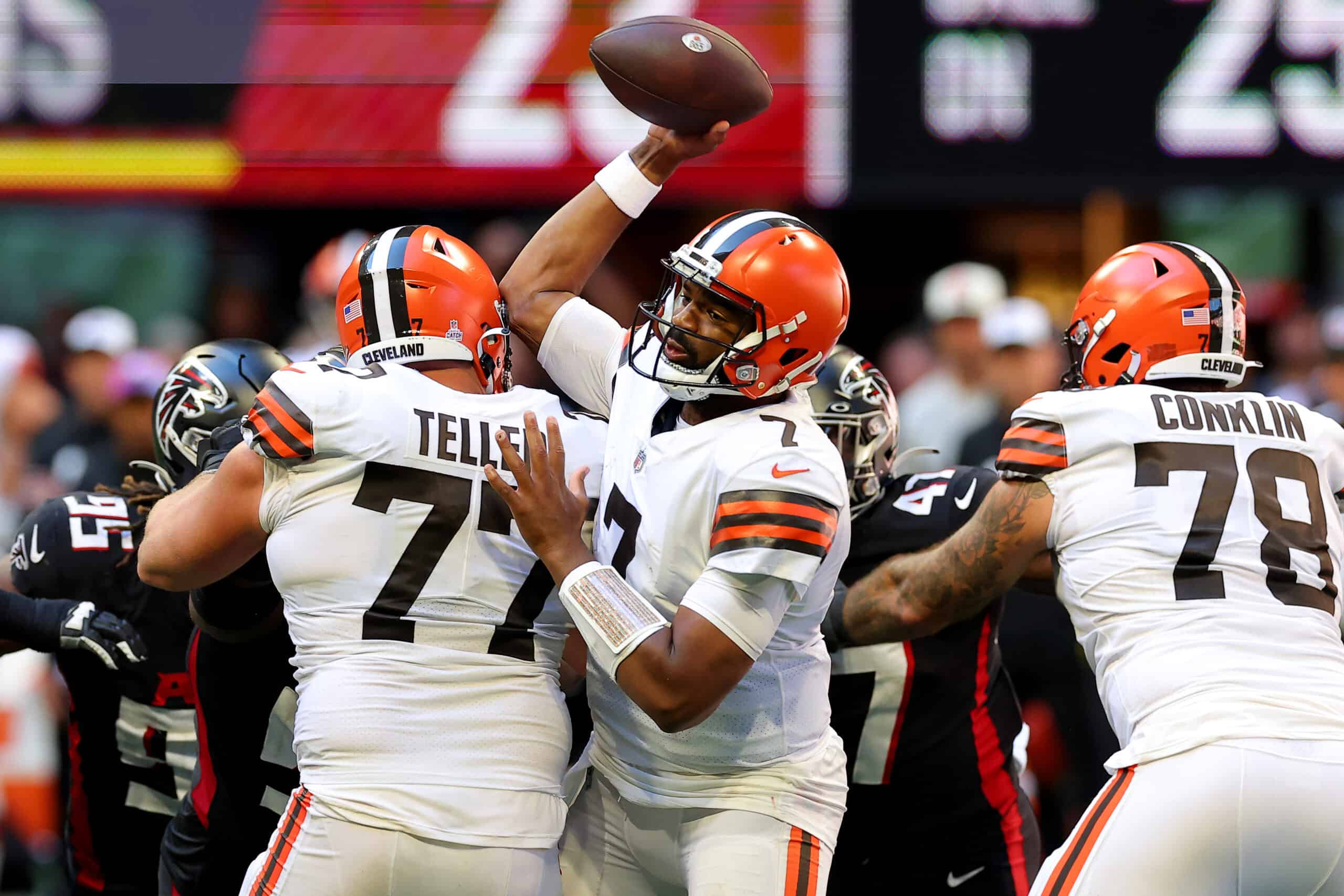 Jacoby Brissett #7 of the Cleveland Browns passes the ball against the Atlanta Falcons during the fourth quarter at Mercedes-Benz Stadium on October 02, 2022 in Atlanta, Georgia.