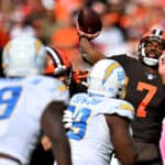 Jacoby Brissett #7 of the Cleveland Browns attempts a pass during the fourth quarter against the Los Angeles Chargers at FirstEnergy Stadium on October 09, 2022 in Cleveland, Ohio.