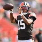 Joshua Dobbs #15 of the Cleveland Browns throws the ball during warmups before the game against the New York Jets at FirstEnergy Stadium on September 18, 2022 in Cleveland, Ohio.