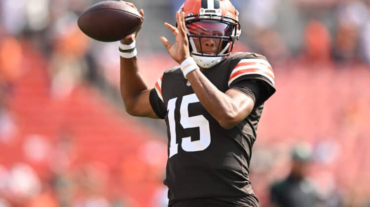 Joshua Dobbs #15 of the Cleveland Browns throws the ball during warmups before the game against the New York Jets at FirstEnergy Stadium on September 18, 2022 in Cleveland, Ohio.