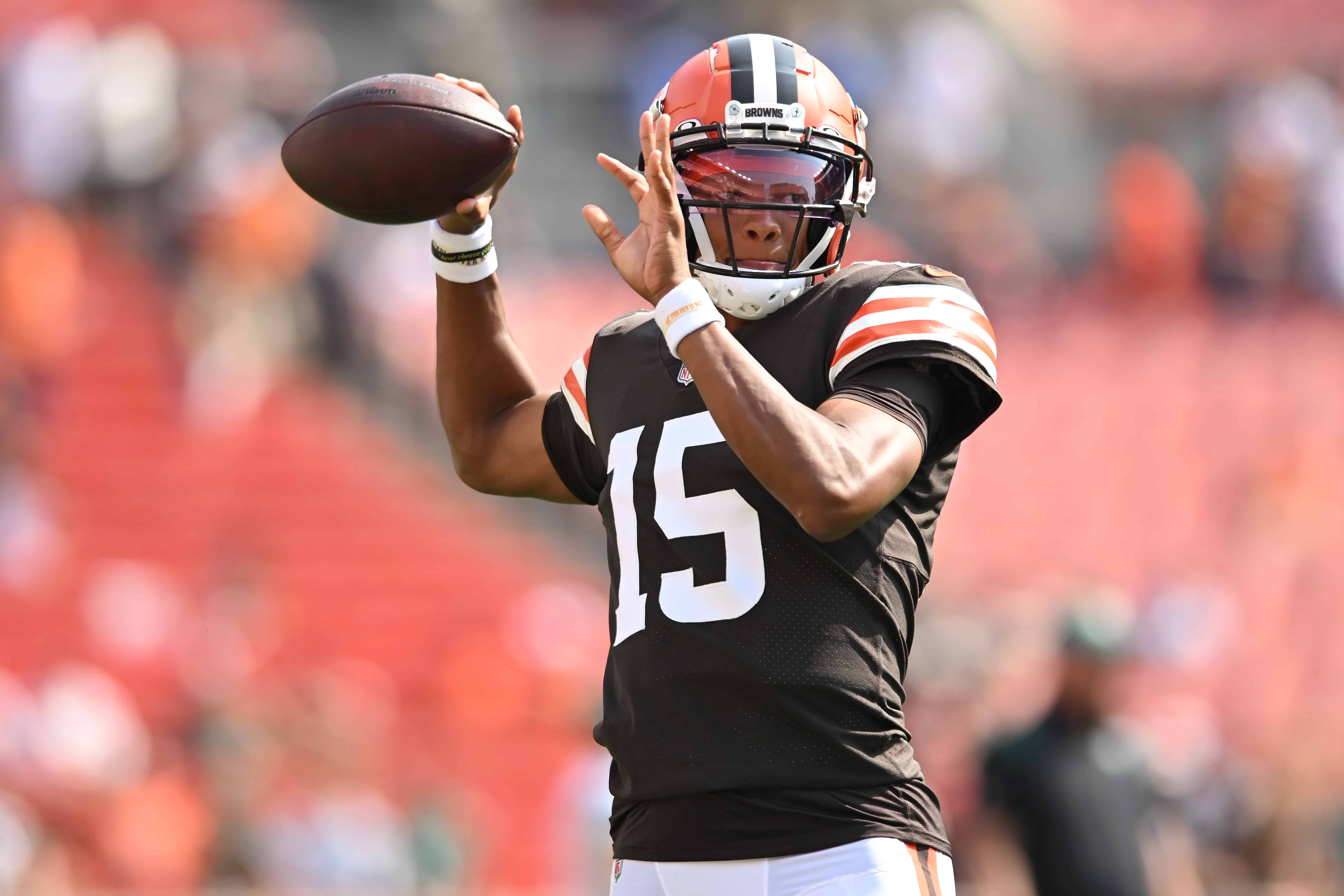 Joshua Dobbs #15 of the Cleveland Browns throws the ball during warmups before the game against the New York Jets at FirstEnergy Stadium on September 18, 2022 in Cleveland, Ohio. 