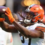 Kareem Hunt #27 of the Cleveland Browns warms up before the game against the Atlanta Falcons at Mercedes-Benz Stadium on October 02, 2022 in Atlanta, Georgia.