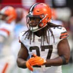 Kareem Hunt #27 of the Cleveland Browns warms up before the game against the Atlanta Falcons at Mercedes-Benz Stadium on October 02, 2022 in Atlanta, Georgia.