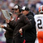 Head coach Kevin Stefanski of the Cleveland Browns looks on against the Baltimore Ravens in the second half at M&T Bank Stadium on October 23, 2022 in Baltimore, Maryland.