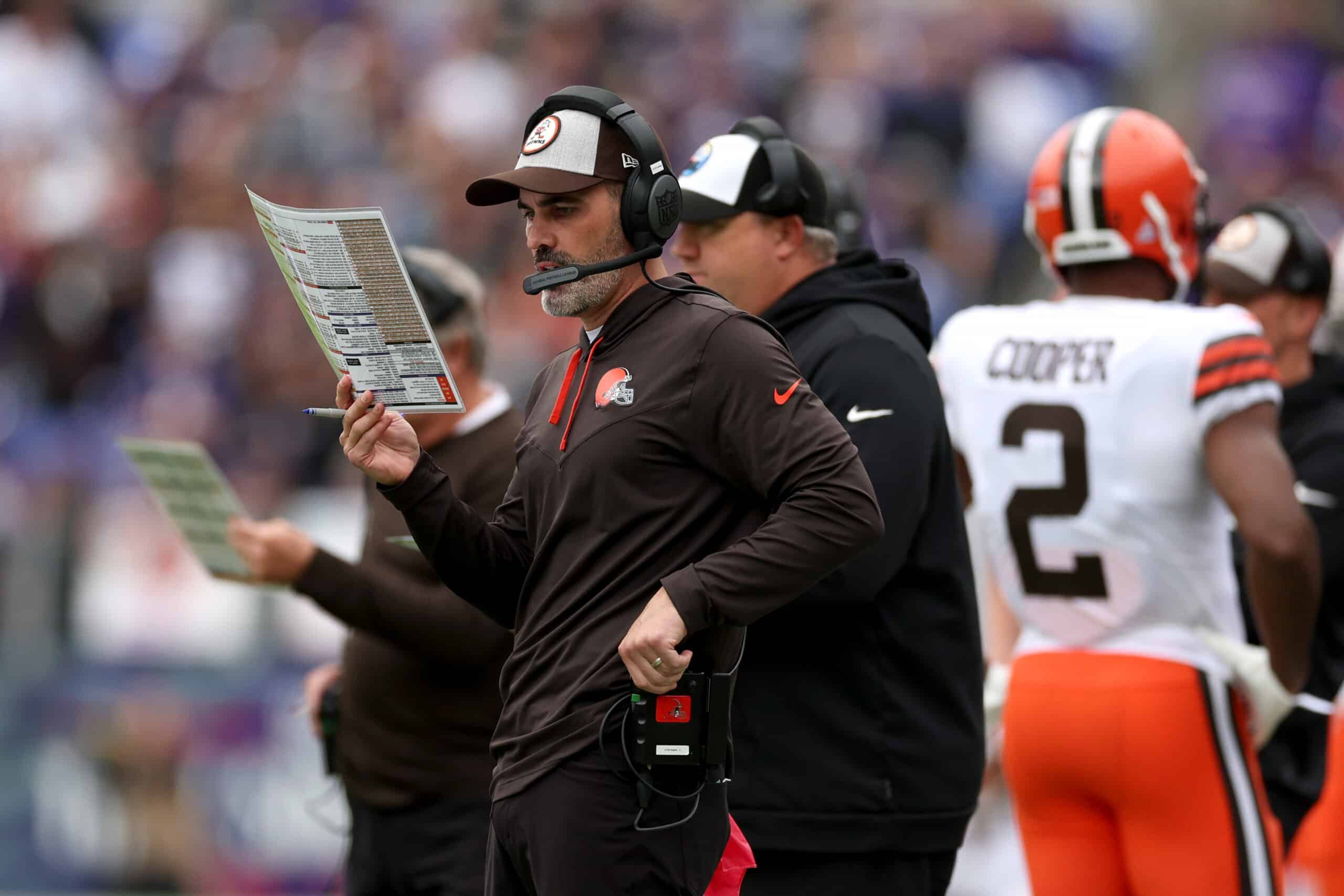 Head coach Kevin Stefanski of the Cleveland Browns looks on against the Baltimore Ravens in the second half at M&T Bank Stadium on October 23, 2022 in Baltimore, Maryland.