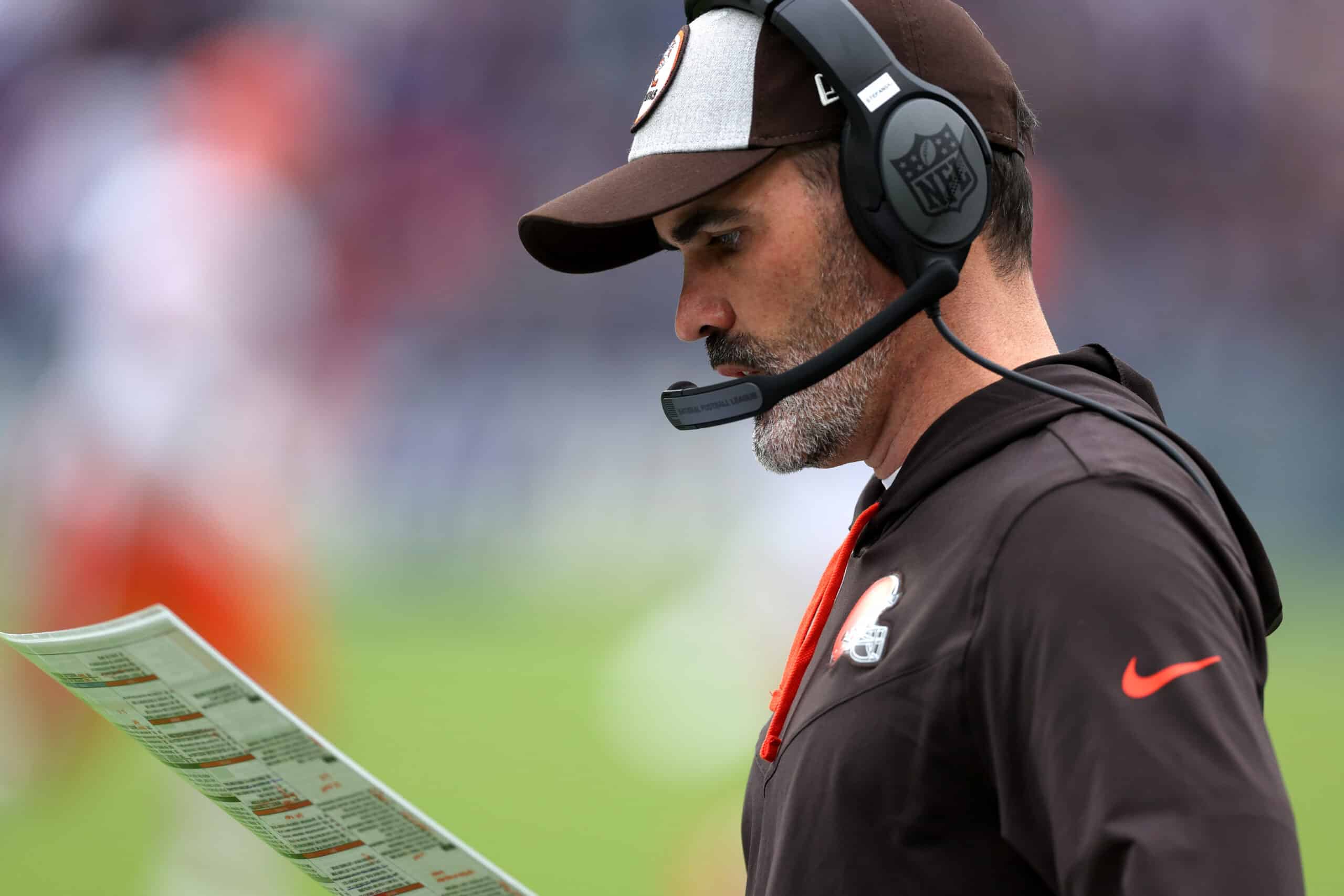 Head coach Kevin Stefanski of the Cleveland Browns looks on against the Baltimore Ravens in the second half at M&T Bank Stadium on October 23, 2022 in Baltimore, Maryland.