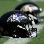 A detailed view of a Baltimore Ravens helmet before a game against the Miami Dolphins at M&T Bank Stadium on September 18, 2022 in Baltimore, Maryland.