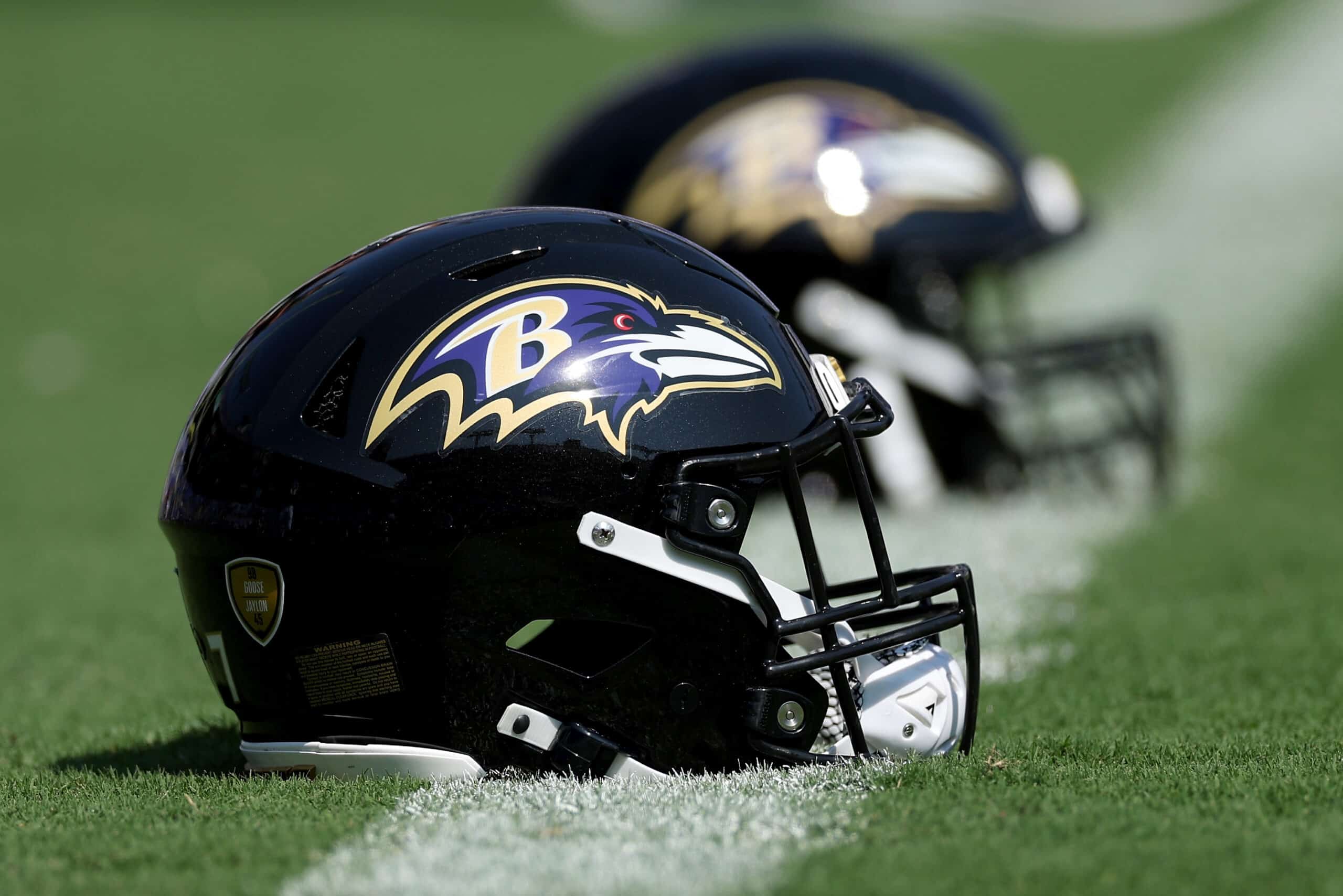 A detailed view of a Baltimore Ravens helmet before a game against the Miami Dolphins at M&T Bank Stadium on September 18, 2022 in Baltimore, Maryland.