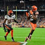 Amari Cooper #2 of the Cleveland Browns completes the catch for a touchdown during the second half of the game against the Cincinnati Bengals at FirstEnergy Stadium on October 31, 2022 in Cleveland, Ohio.