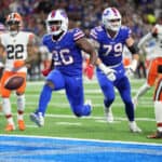 Devin Singletary #26 of the Buffalo Bills celebrates after scoring a touchdown during the third quarter against the Cleveland Browns at Ford Field on November 20, 2022 in Detroit, Michigan.