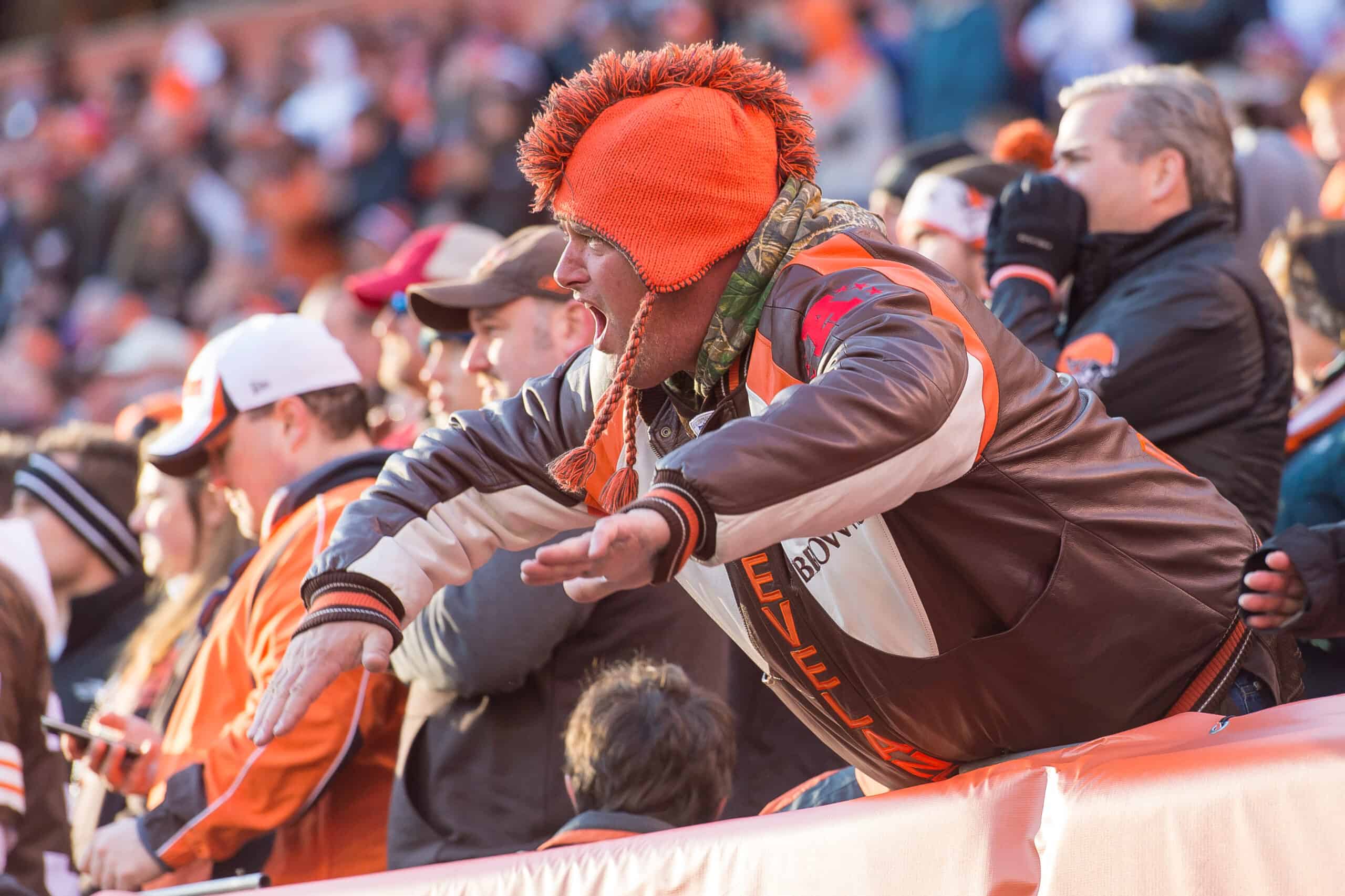 Cleveland Browns fans cheer on the team during the second half against the Tampa Bay Buccaneers at FirstEnergy Stadium on November 2, 2014 in Cleveland, Ohio. The Browns defeated the Buccaneers 22-17. 