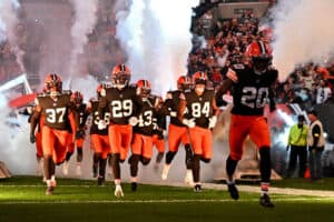 The Cleveland Browns take the field before the game against the Cincinnati Bengals at FirstEnergy Stadium on October 31, 2022 in Cleveland, Ohio.