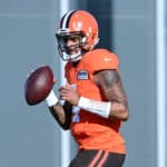 Deshaun Watson #4 of the Cleveland Browns runs a drill during a practice at CrossCountry Mortgage Campus on November 23, 2022 in Berea, Ohio.