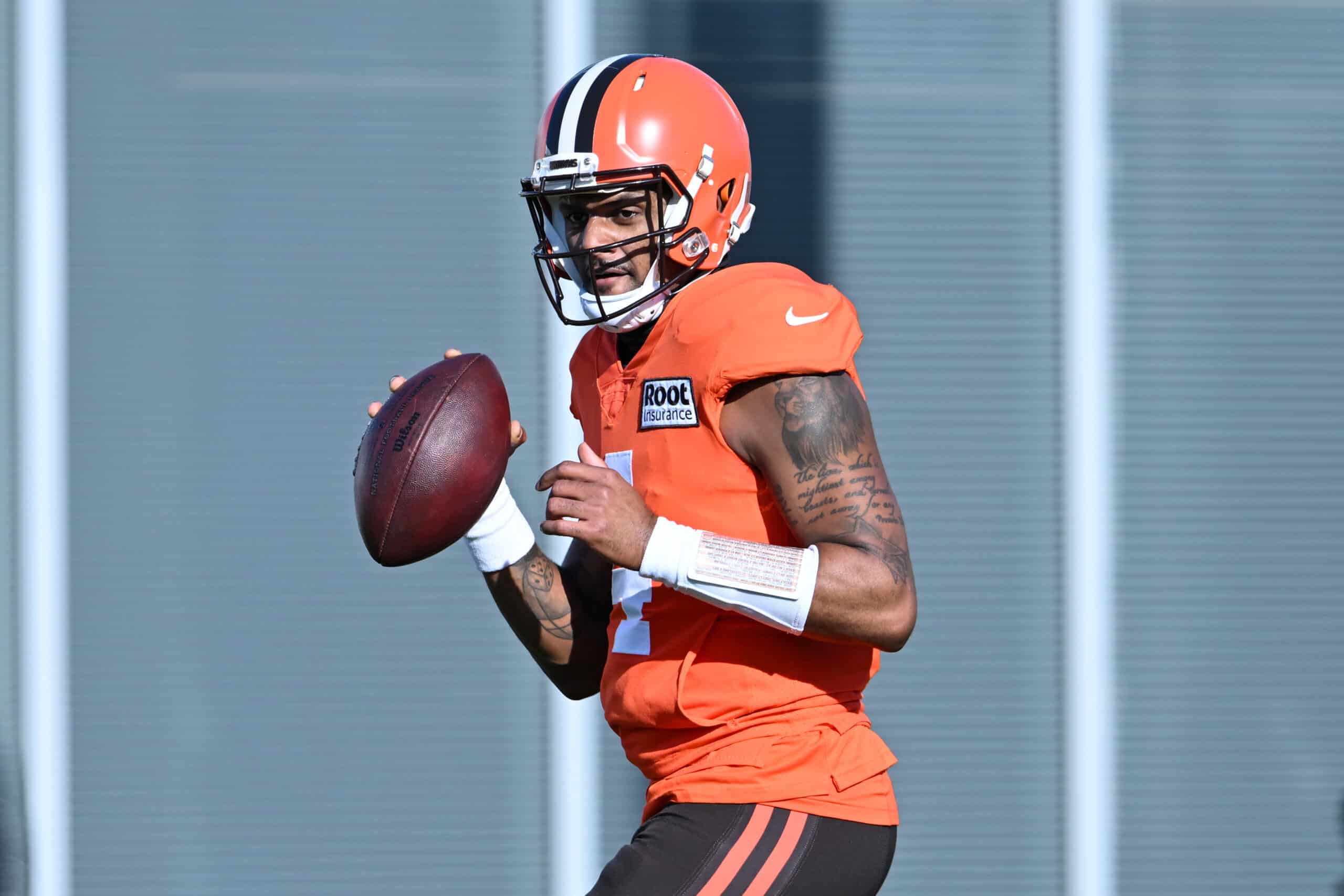 Deshaun Watson #4 of the Cleveland Browns runs a drill during a practice at CrossCountry Mortgage Campus on November 23, 2022 in Berea, Ohio. 