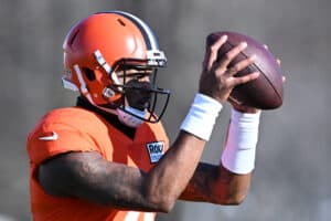 Deshaun Watson #4 of the Cleveland Browns runs a drill during a practice at CrossCountry Mortgage Campus on November 23, 2022 in Berea, Ohio.