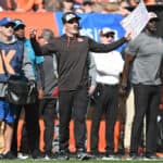 CLEVELAND, OHIO - OCTOBER 16: Head coach Kevin Stefanski of the Cleveland Browns reacts during the second quarter against the New England Patriots at FirstEnergy Stadium on October 16, 2022 in Cleveland, Ohio.