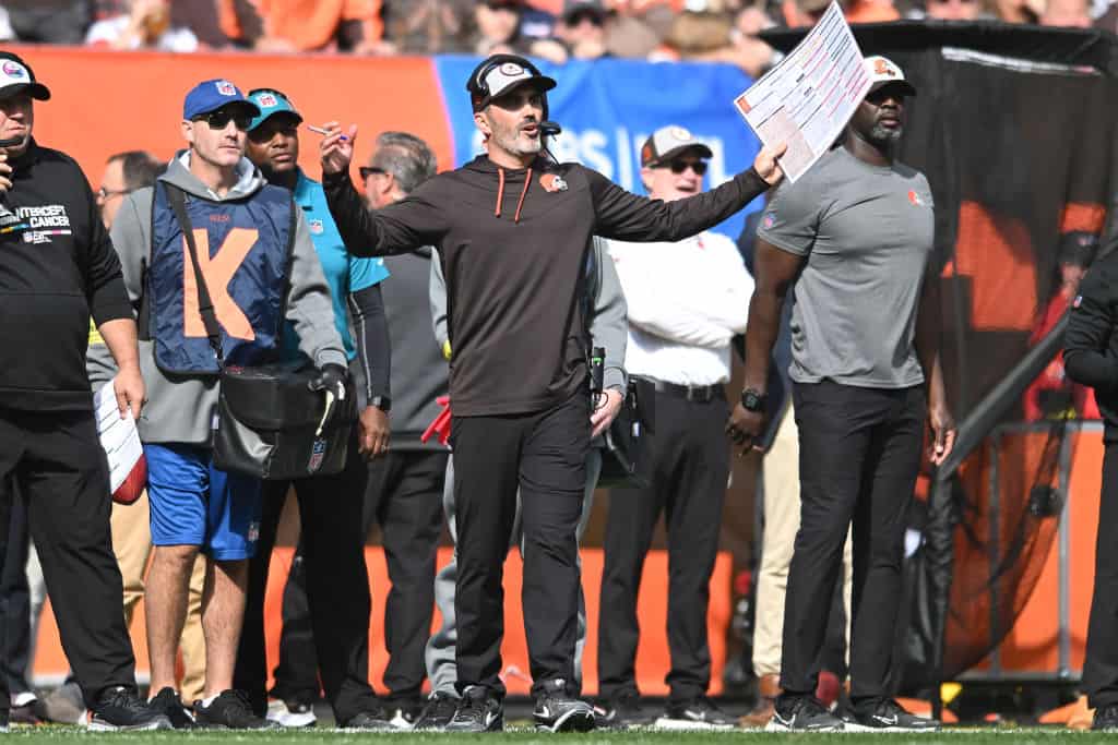 CLEVELAND, OHIO - OCTOBER 16: Head coach Kevin Stefanski of the Cleveland Browns reacts during the second quarter against the New England Patriots at FirstEnergy Stadium on October 16, 2022 in Cleveland, Ohio.