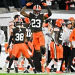 Martin Emerson Jr. #23 of the Cleveland Browns celebrates after deflecting a pass during the fourth quarter of the game against the Cincinnati Bengals at FirstEnergy Stadium on October 31, 2022 in Cleveland, Ohio.