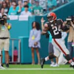 MIAMI GARDENS, FLORIDA - NOVEMBER 13: Nick Chubb #24 of the Cleveland Browns rushes for a touchdown in the fourth quarter of the game against the Miami Dolphins at Hard Rock Stadium on November 13, 2022 in Miami Gardens, Florida.