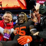 CLEVELAND, OHIO - NOVEMBER 27: David Njoku #85 of the Cleveland Browns celebrates with fans after a game against the Tampa Bay Buccaneers at FirstEnergy Stadium on November 27, 2022 in Cleveland, Ohio.