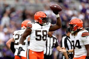 Isaiah Thomas #58 of the Cleveland Browns celebrates after recovering a fumble during the fourth quarter against the Baltimore Ravens at M&T Bank Stadium on October 23, 2022 in Baltimore, Maryland.