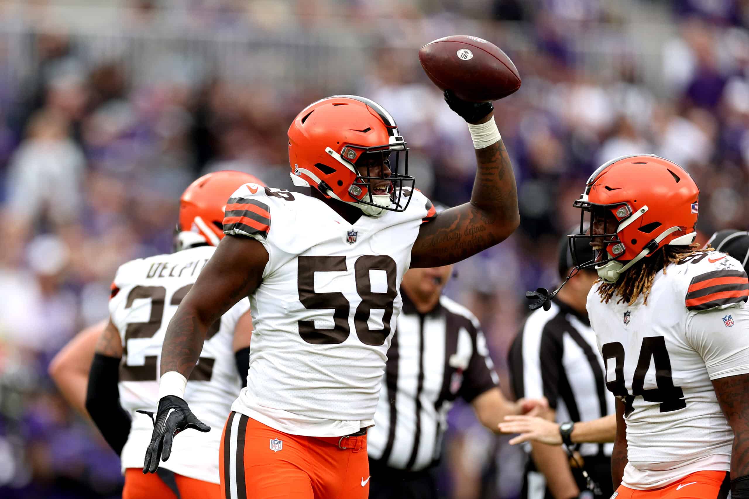 Isaiah Thomas #58 of the Cleveland Browns celebrates after recovering a fumble during the fourth quarter against the Baltimore Ravens at M&T Bank Stadium on October 23, 2022 in Baltimore, Maryland. 