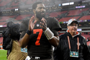 Jacoby Brissett #7 of the Cleveland Browns celebrates after a game against the Tampa Bay Buccaneers at FirstEnergy Stadium on November 27, 2022 in Cleveland, Ohio.