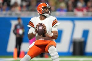 Jacoby Brissett #7 of the Cleveland Browns attempts a pass during the first quarter against the Buffalo Bills at Ford Field on November 20, 2022 in Detroit, Michigan.