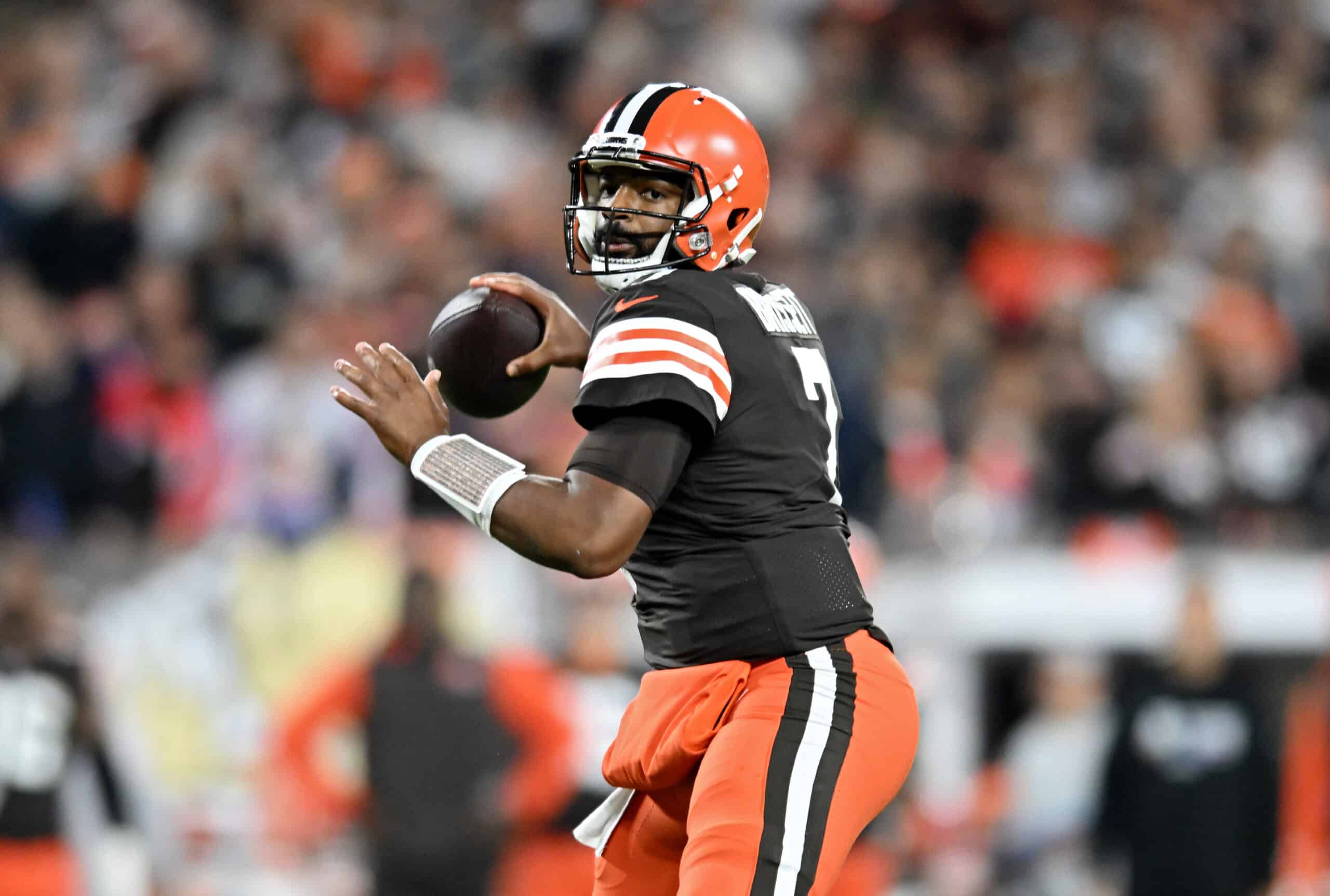 Jacoby Brissett #7 of the Cleveland Browns throws the ball during the first half of the game against the Cincinnati Bengals at FirstEnergy Stadium on October 31, 2022 in Cleveland, Ohio.