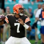 Jacoby Brissett #7 of the Cleveland Browns drops back to pass in the first quarter of the game against the Miami Dolphins at Hard Rock Stadium on November 13, 2022 in Miami Gardens, Florida.