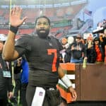 Jacoby Brissett #7 of the Cleveland Browns celebrates after a game against the Tampa Bay Buccaneers at FirstEnergy Stadium on November 27, 2022 in Cleveland, Ohio.