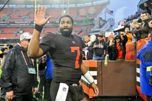 Jacoby Brissett #7 of the Cleveland Browns celebrates after a game against the Tampa Bay Buccaneers at FirstEnergy Stadium on November 27, 2022 in Cleveland, Ohio.