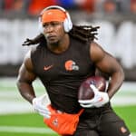 Kareem Hunt #27 of the Cleveland Browns warms up prior to the start of the game against the Cincinnati Bengals at FirstEnergy Stadium on October 31, 2022 in Cleveland, Ohio.