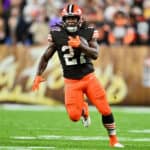 Kareem Hunt #27 of the Cleveland Browns runs the ball during the second half of the game against the Cincinnati Bengals at FirstEnergy Stadium on October 31, 2022 in Cleveland, Ohio.