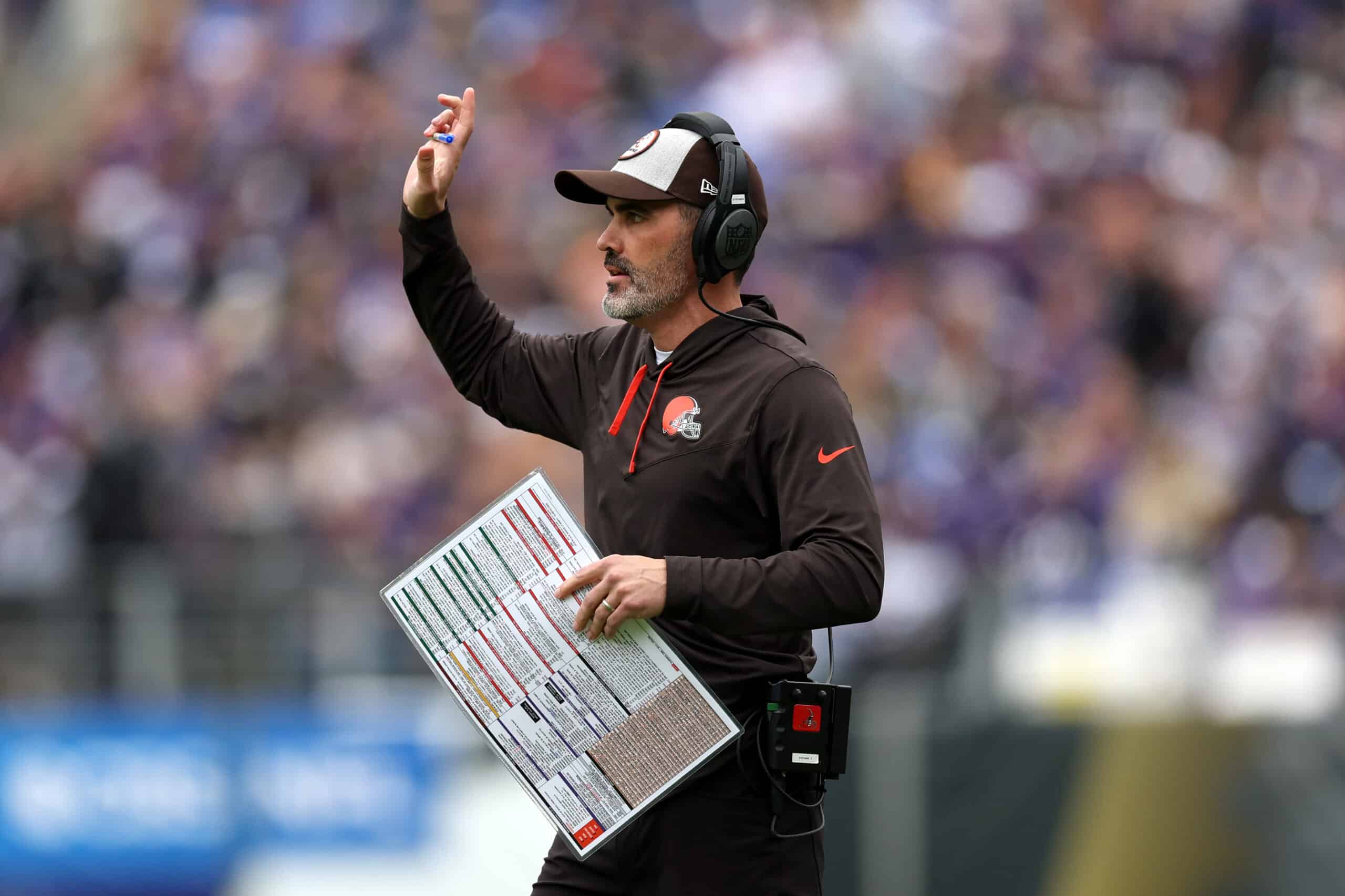 Head coach Kevin Stefanski of the Cleveland Browns looks on against the Baltimore Ravens in the second half at M&T Bank Stadium on October 23, 2022 in Baltimore, Maryland.