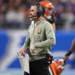 Head coach Kevin Stefanski of the Cleveland Browns looks on during the first half against the Buffalo Bills at Ford Field on November 20, 2022 in Detroit, Michigan.