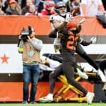 Martin Emerson Jr. #23 of the Cleveland Browns breaks up a pass intended for Mike Evans #13 of the Tampa Bay Buccaneers during the first half at FirstEnergy Stadium on November 27, 2022 in Cleveland, Ohio.