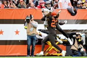 Martin Emerson Jr. #23 of the Cleveland Browns breaks up a pass intended for Mike Evans #13 of the Tampa Bay Buccaneers during the first half at FirstEnergy Stadium on November 27, 2022 in Cleveland, Ohio.