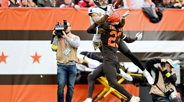 Martin Emerson Jr. #23 of the Cleveland Browns breaks up a pass intended for Mike Evans #13 of the Tampa Bay Buccaneers during the first half at FirstEnergy Stadium on November 27, 2022 in Cleveland, Ohio.